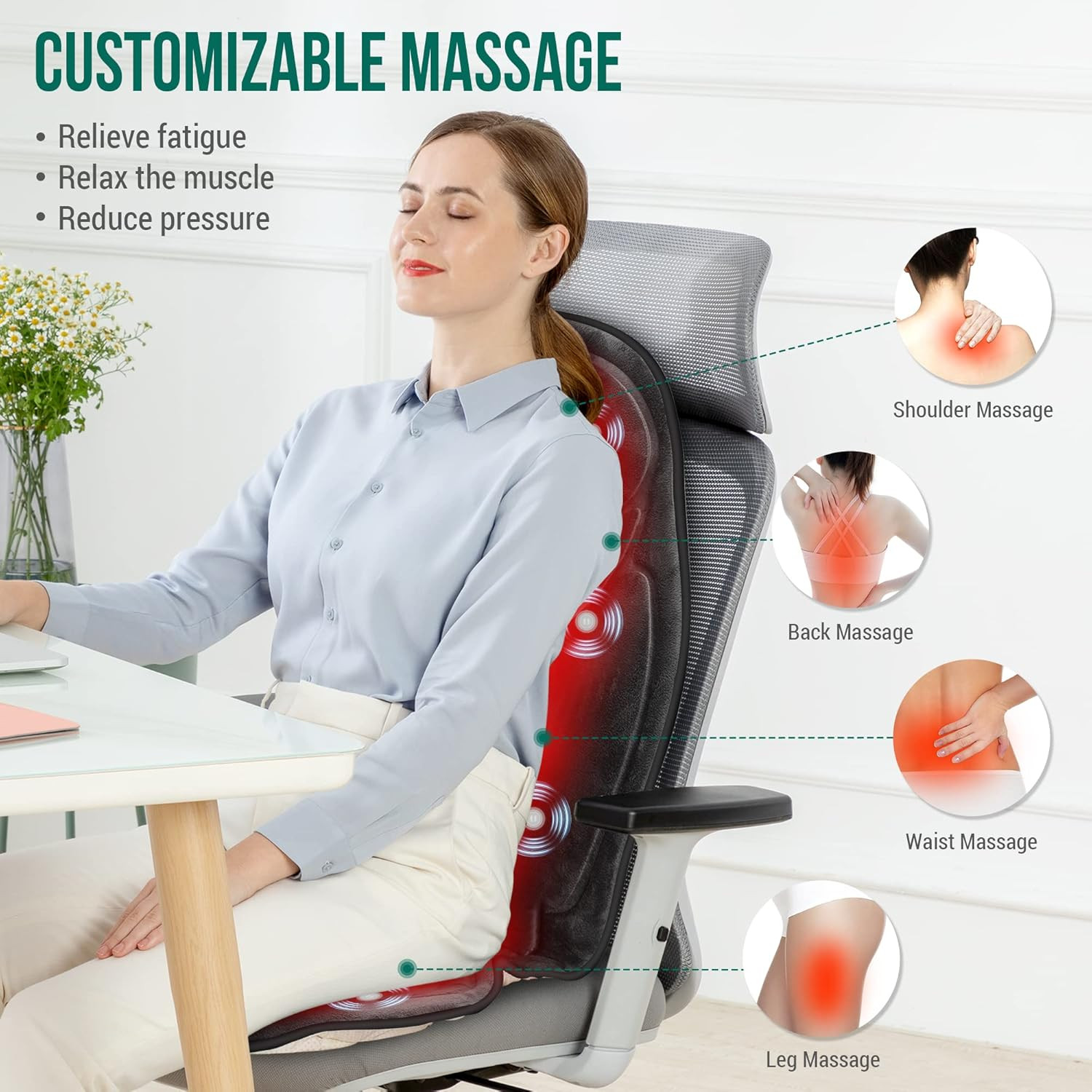 Back Massager with Heat, Memory Foam Chair Massage Pad, 5 Massage Modes & 2 Heat
