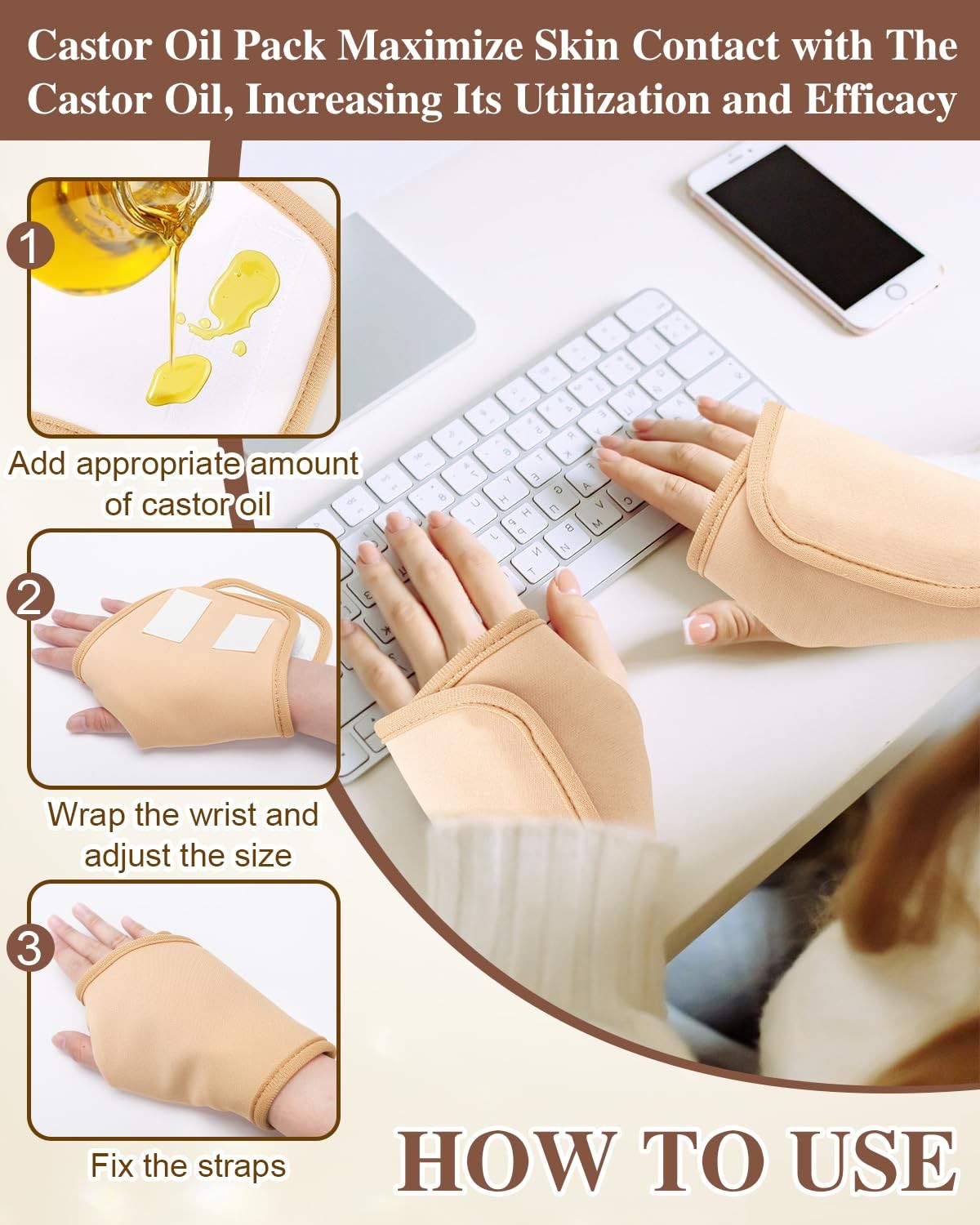 Castor Oil Wrap for Hands Reusable Organic Cotton Compression Khaki 2 Pack