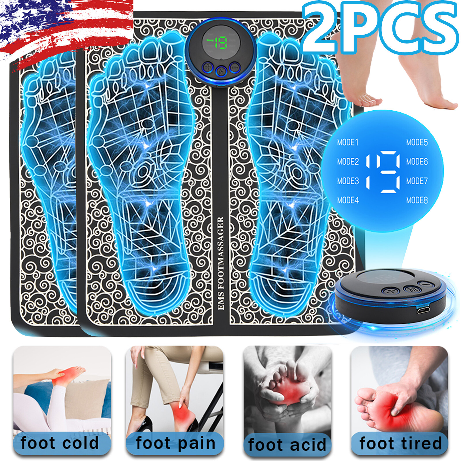 2PCS Portable Electric Foot Massager Pad Muscle Stimulator Blood Circulation US