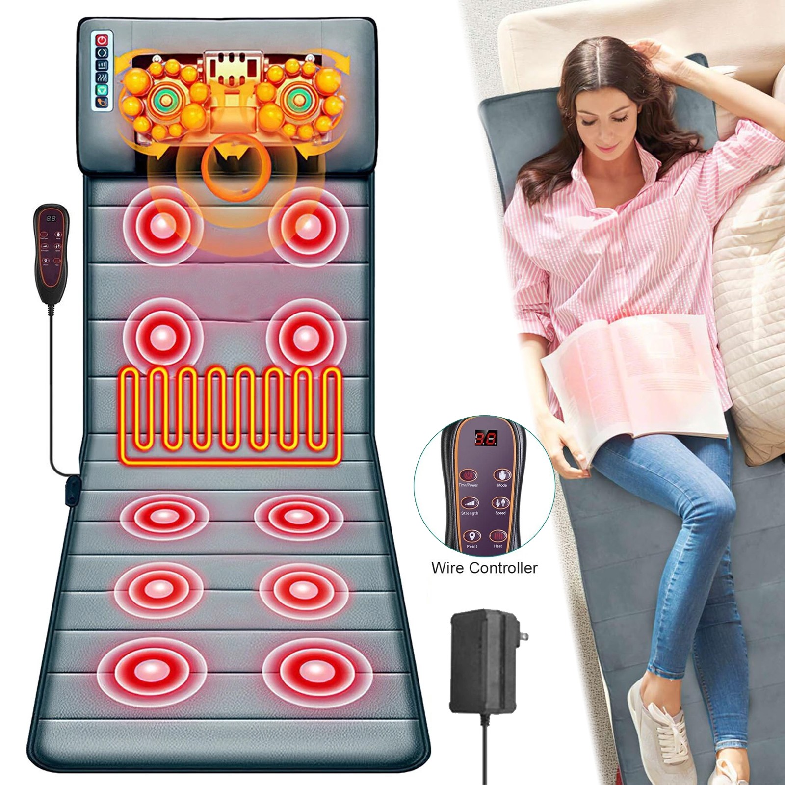 Full Body Electric Massage Mat w/Heat Vibration Massage Pad Cushion Back Massage