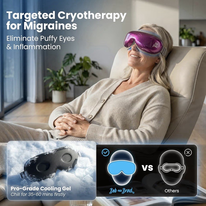 Bob and Brad Purple Cordless EyeOasis 3 Eye Massager Migraine, Bluetooth Heat