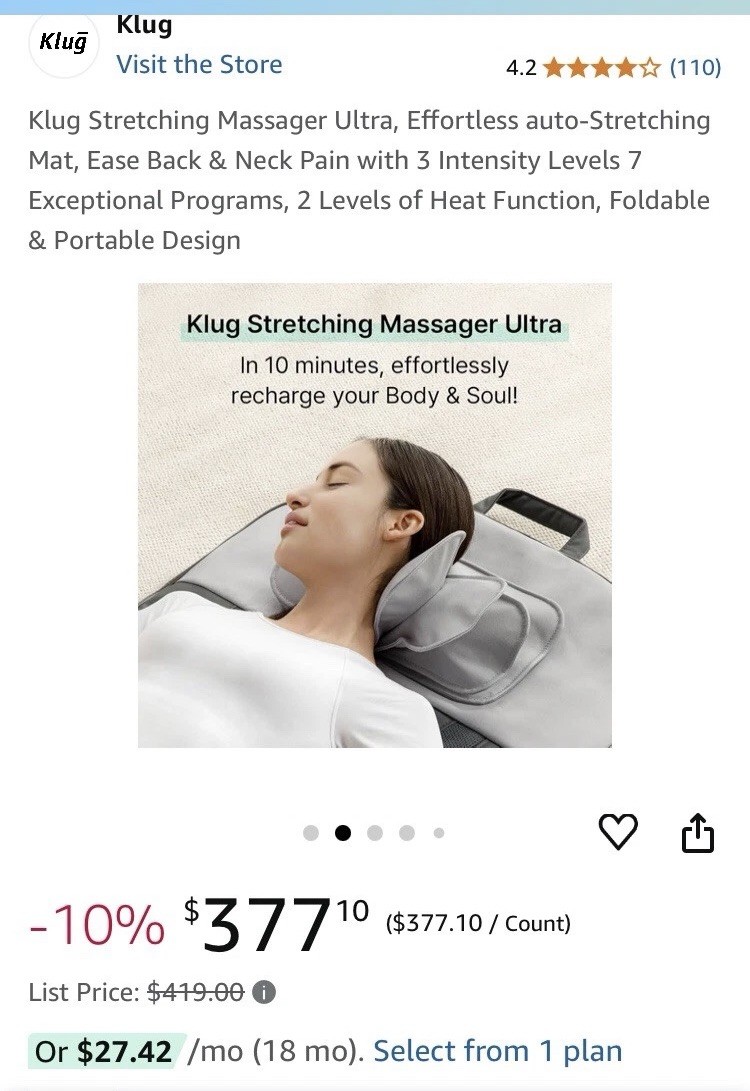 Klug Stretching Massager Ultra, Effortless auto-Stretching Mat Ease Back & Neck