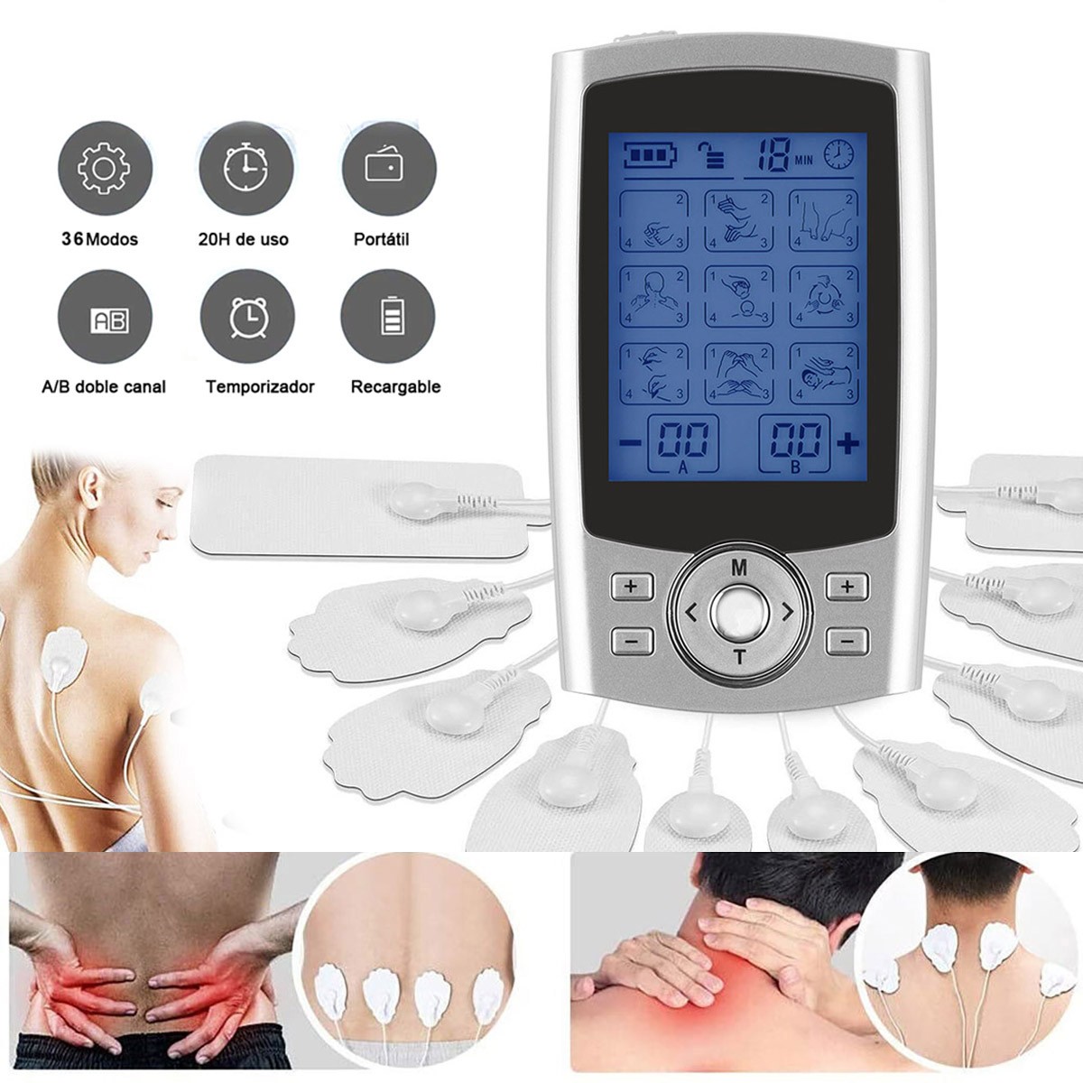 36Modes TENS Unit Muscle Stimulator w/10 Electrode Pads Massager for Pain Relief