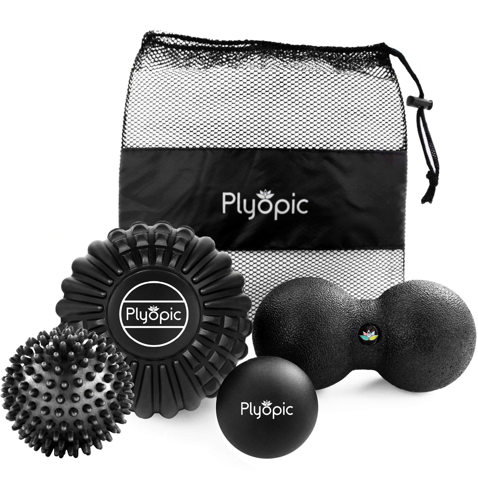 Deep Tissue Massage Ball Set – Set of 4 Lacrosse, Spiky, Peanut and 5” Foam R…