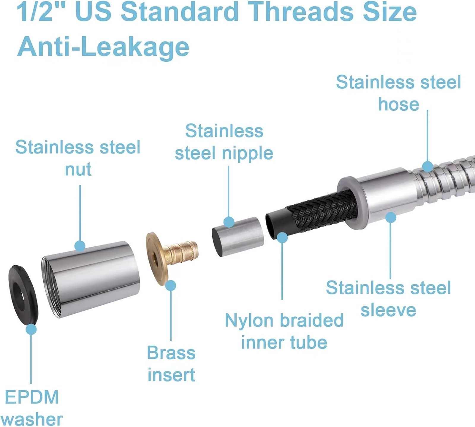 Shower Hose Stainless Steel 48 Inch Bidet Spray Flexible Water Connector Chrome