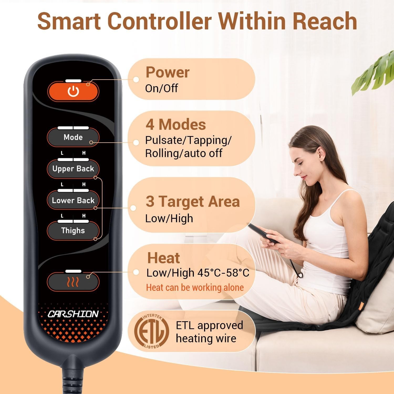 Heated Back Massager Seat Cover Cushion with 5 Vibration Nodes for Pain Relief