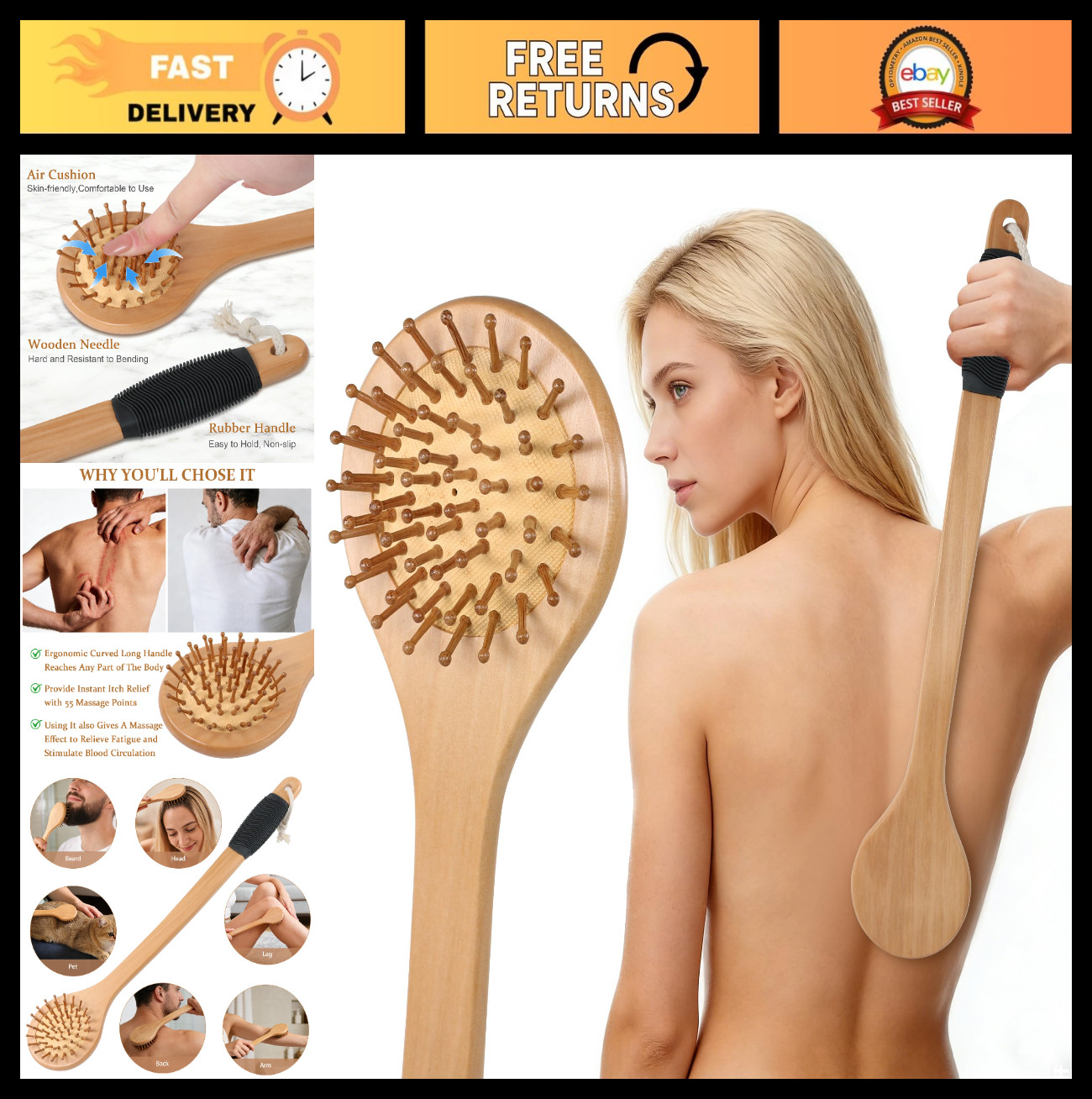 Wooden Back Scratcher 17.3″ Curved Handle Skin Massager for Men & Women