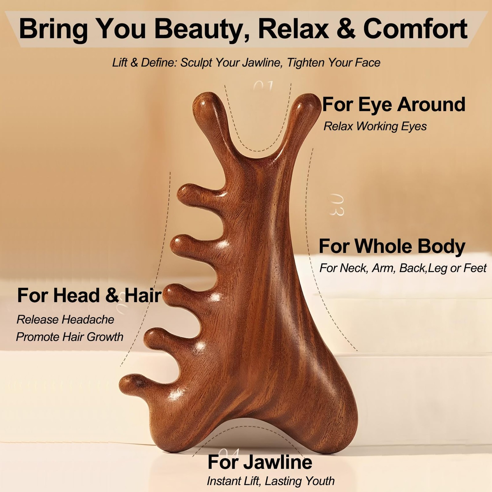 Tiyoha 4 in 1 Wooden Head Scalp Comb Massager for Hair| Face| Eye Around|Neck…