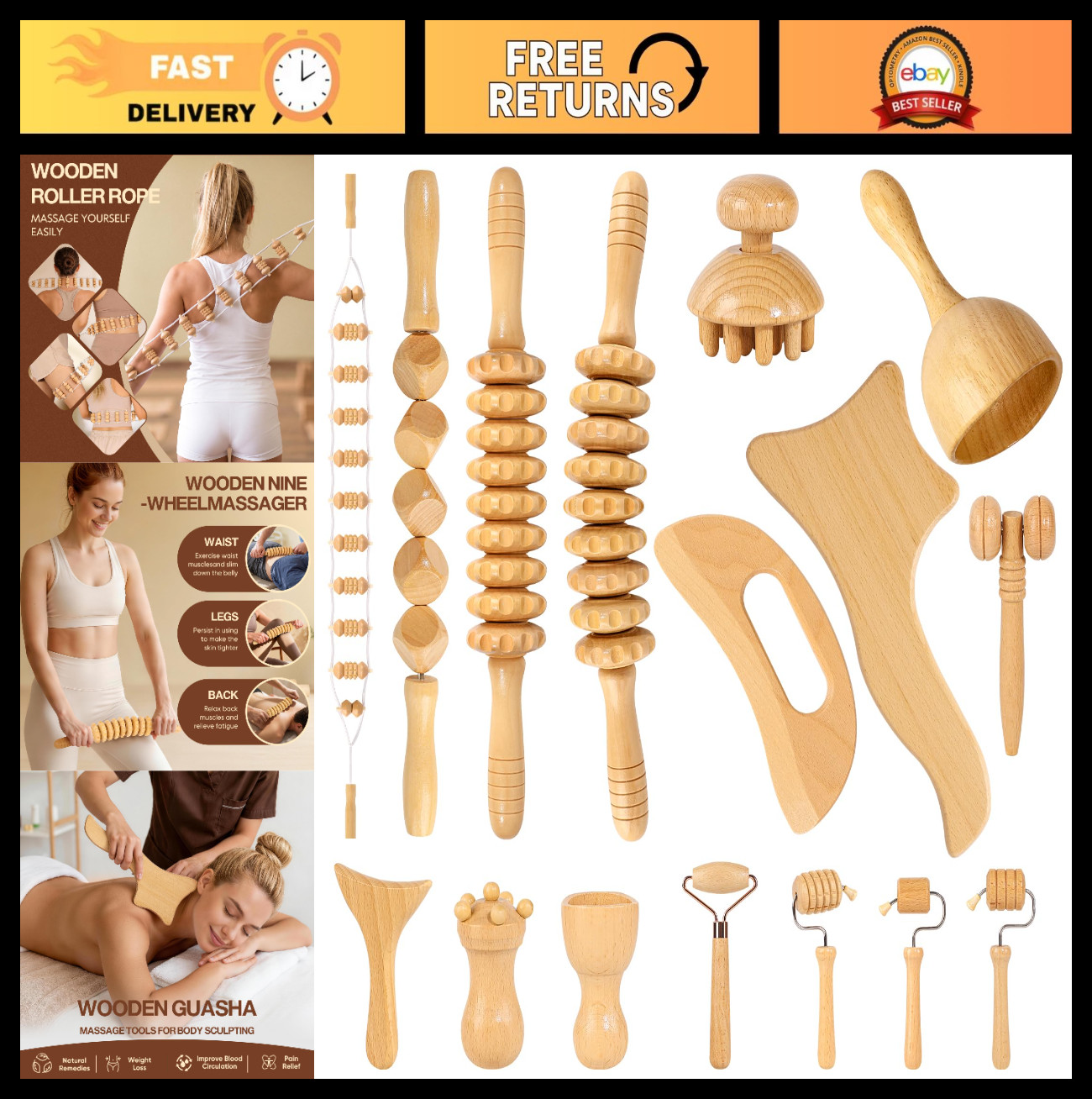 16Pcs Wooden Massage Therapy Tools Set for Body Sculpting & Lymphatic Drainage