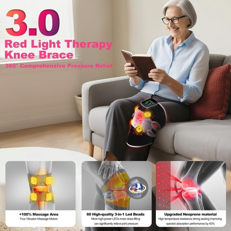 3-in-1 Knee Massager W/ Vibration Heat Red Light Therapy Portable Pain Relief US