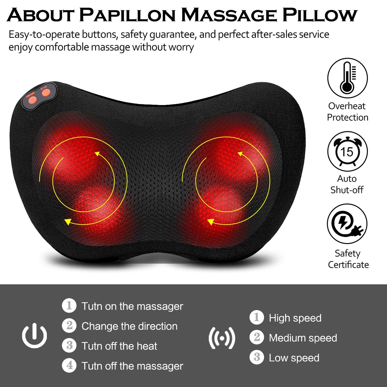 Papillon Shiatsu Neck Back Shoulder Massager with Heat for Pain Relief
