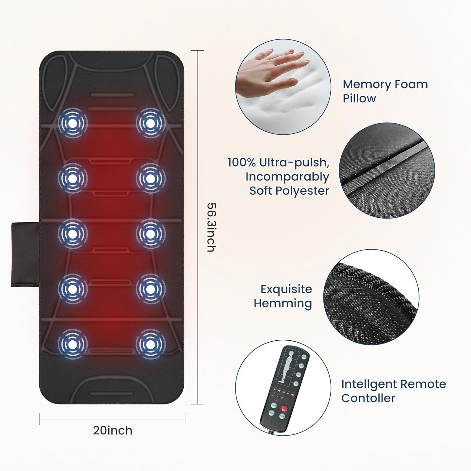 Foldable Full Body Massage Mat with Heat & 10 Vibration Motors – 3 Intensity …