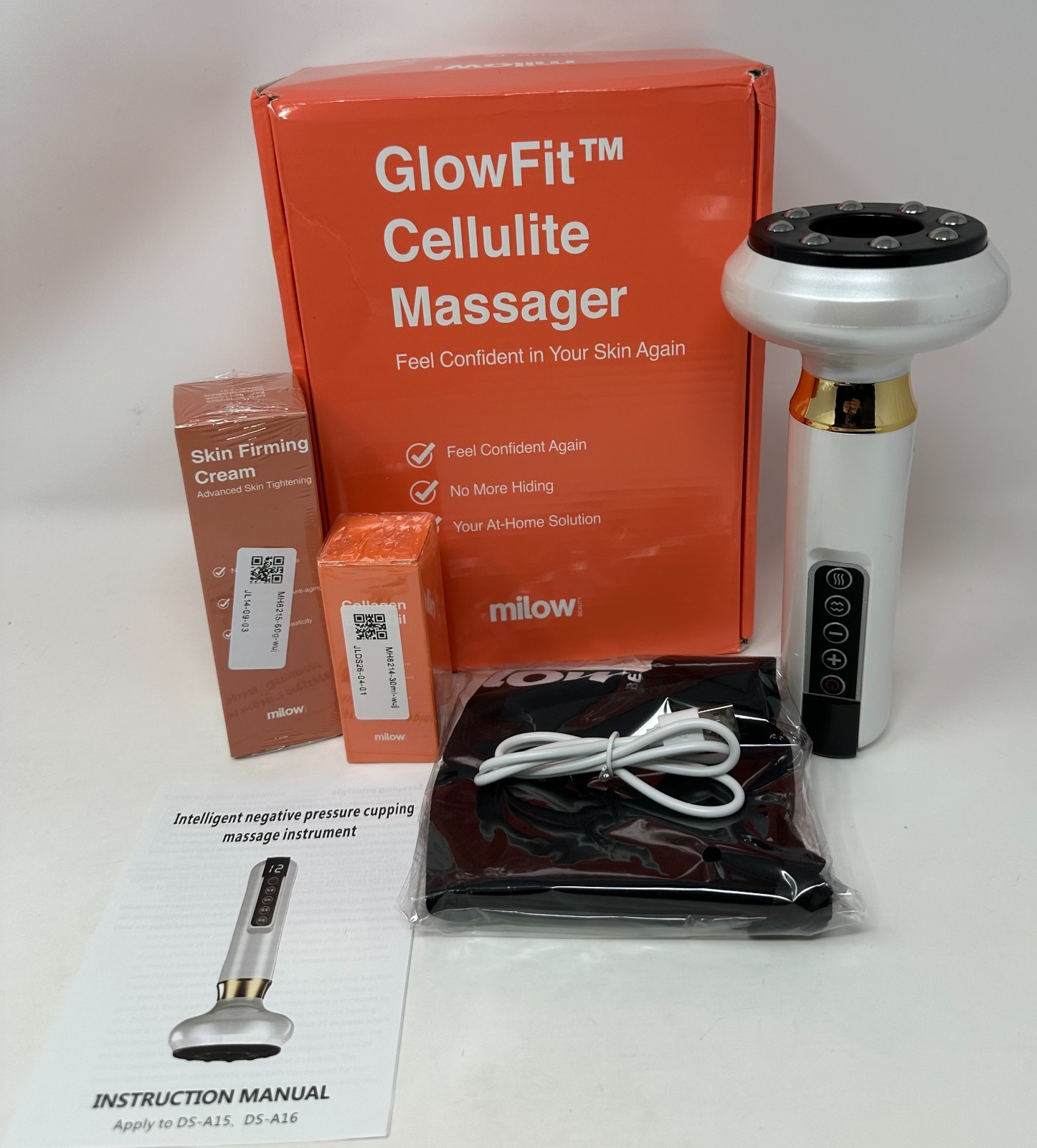 MILOW Beauty GlowFit Cellulite Massager Kit With Skin Firming Cream Collagen Oil