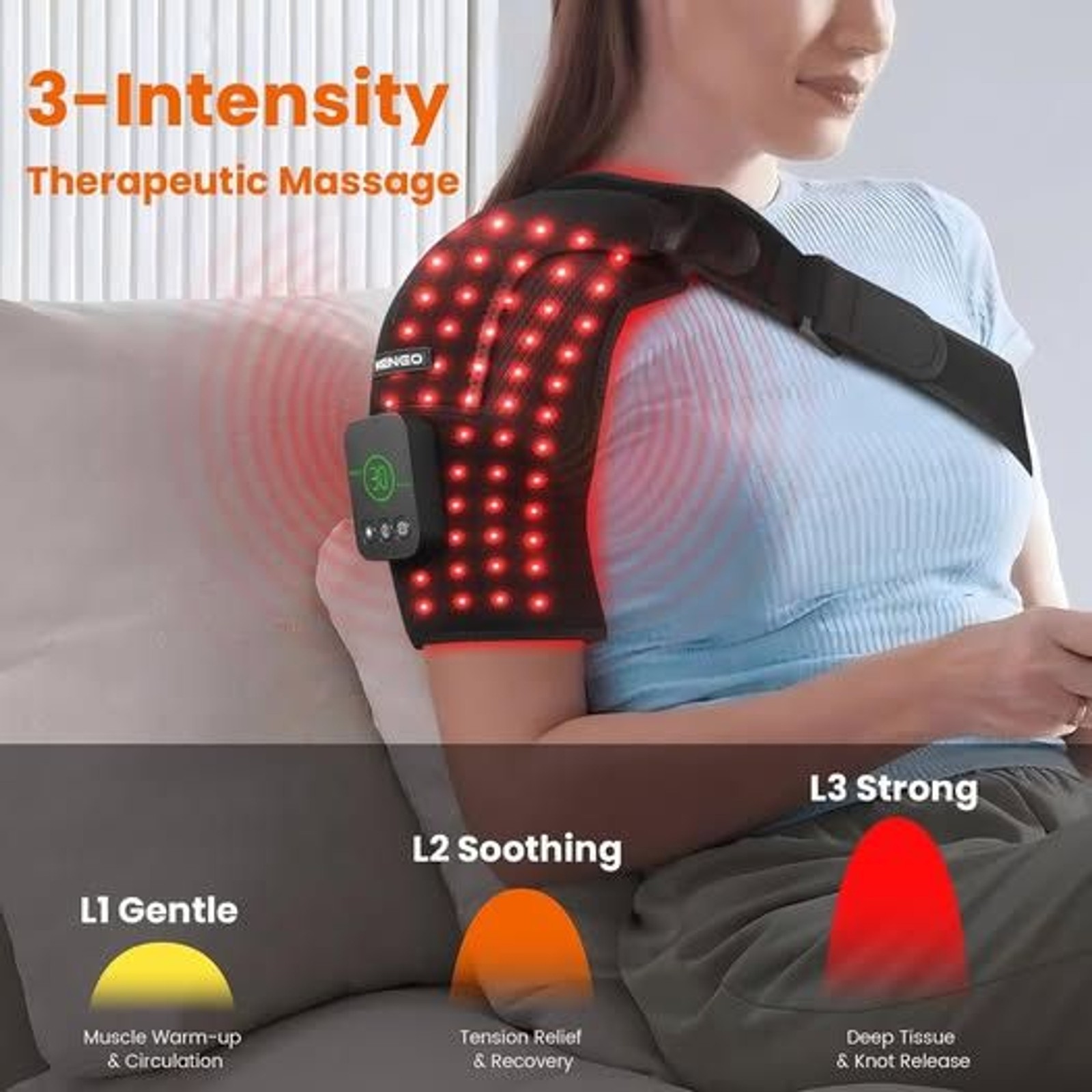 Keneo Red Light Therapy Shoulder Wrap Heat Vibration 5000mAh Rechargeable