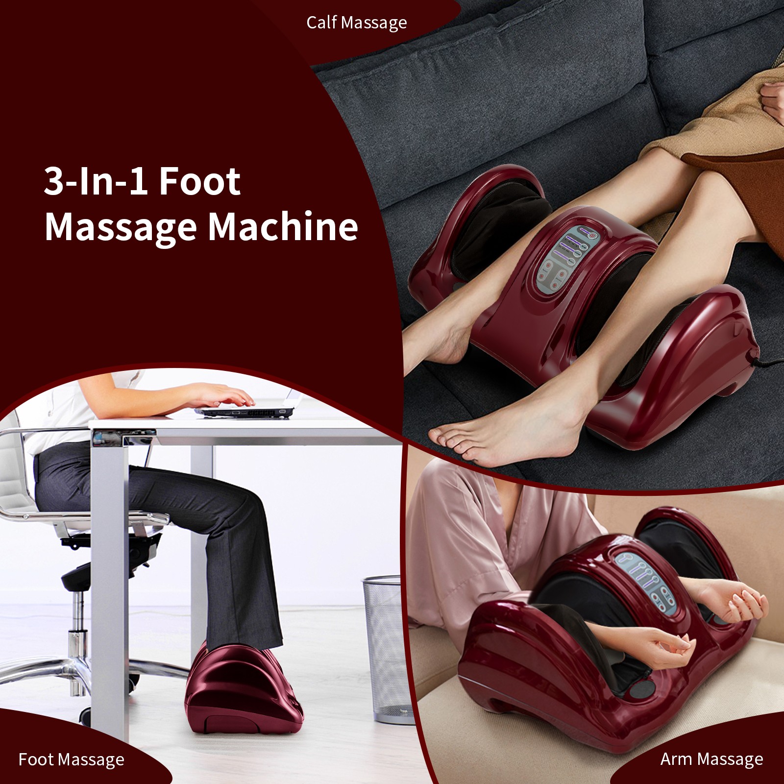 Electric Shiatsu Foot Massager Kneading and Rolling Leg Ankle w/Remote Burgundy