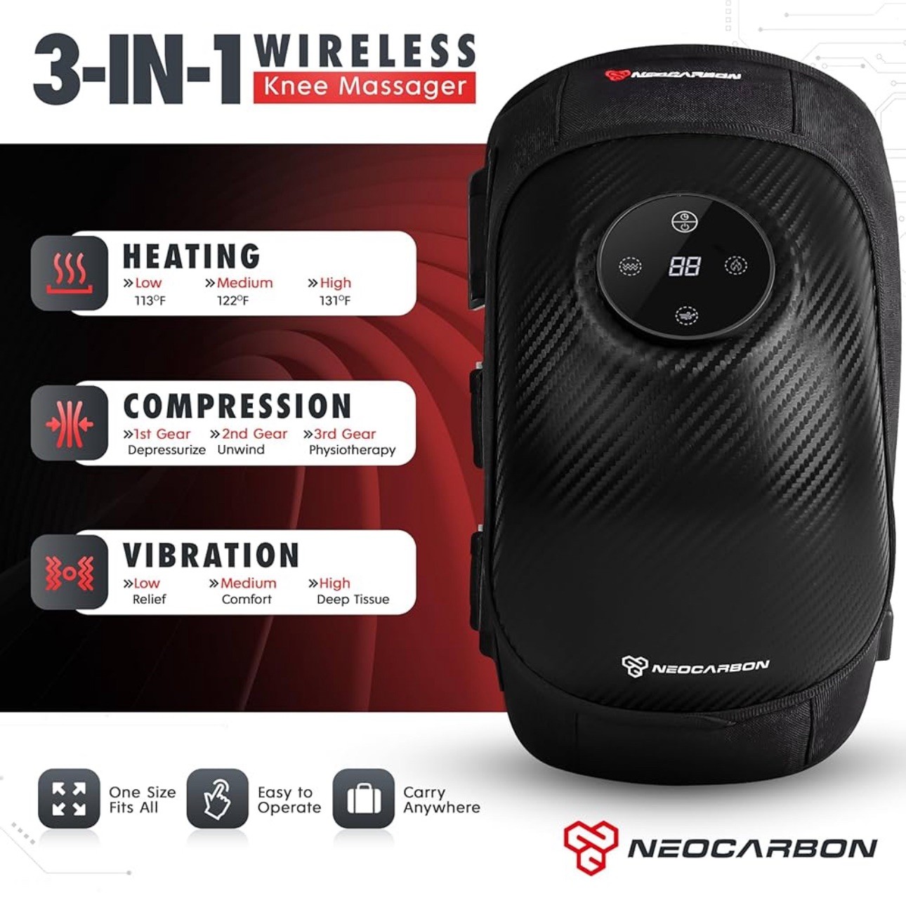 Neocarbon Wireless Heat, Vibration And Compression Knee Massager – Gray Black