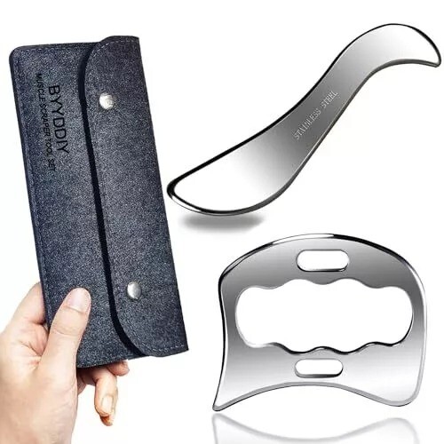 BYYDDIY 2 in 1 Stainless Steel Muscle Scraper Tools Set Gua Sha Massage Black