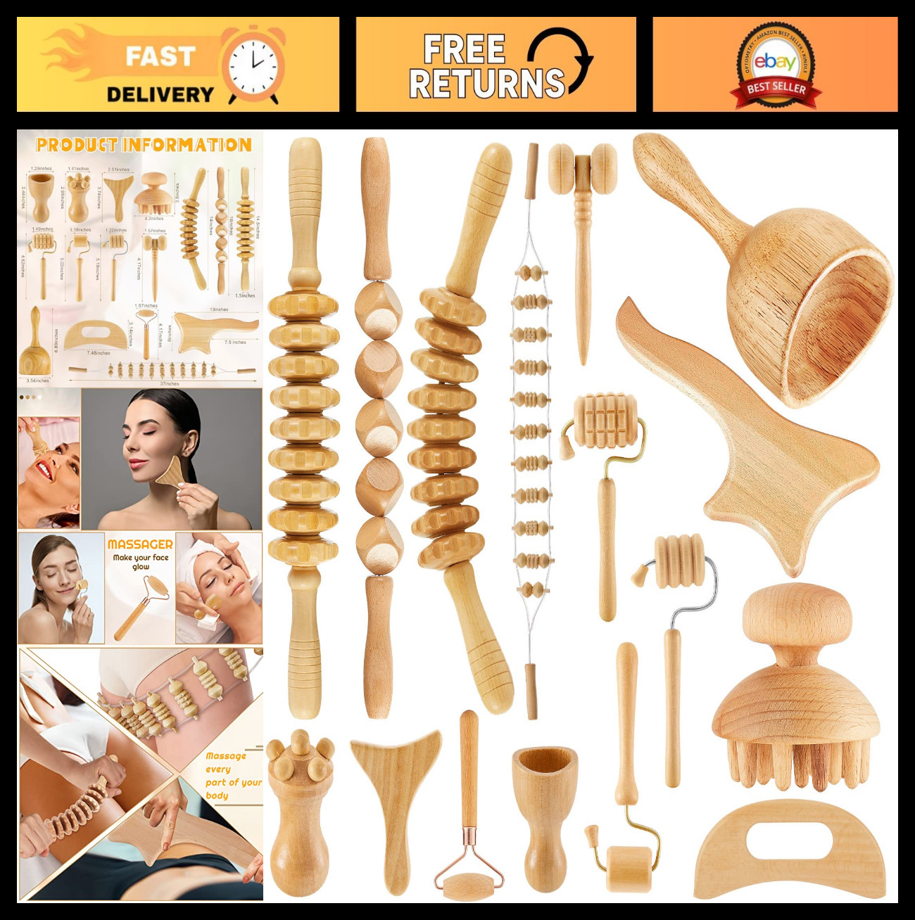 16-in-1 Wood Therapy Massage Tools Set for Body Sculpting & Muscle Relief, Lymph