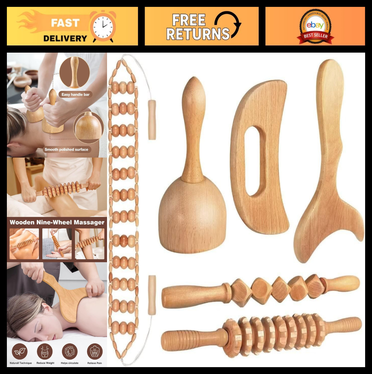 10-in-1 Wooden Massage Tools Set for Body Shaping, Gua Sha & Muscle Relief