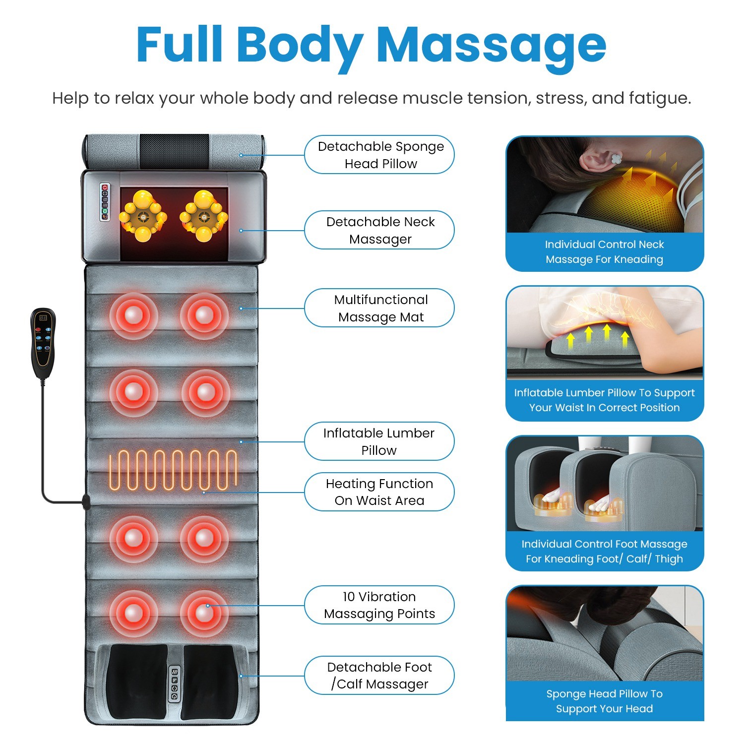 Full Body Electric Massage Mat with Heated Shiatsu Foot Massager Pad Cushion
