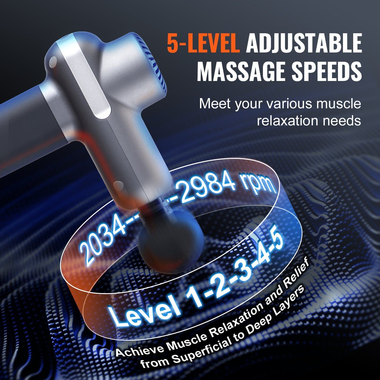 Athletic Muscle Massage Gun 5 Variable Speeds 6 Heads 7.4V 2500mAh