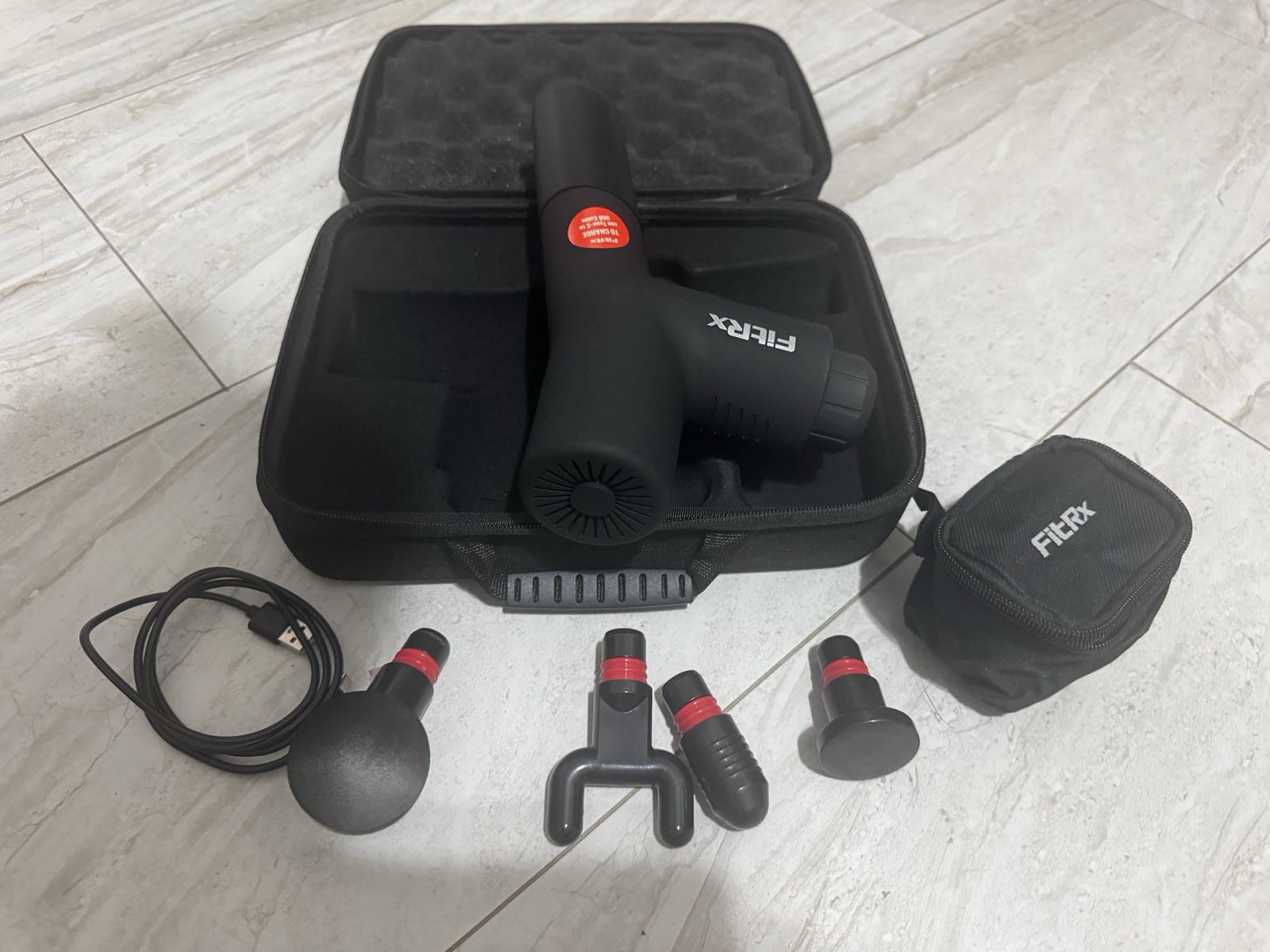 FitRx Pro Percussion Massage Gun Cordless Rechargeable 4 Heads Case Black