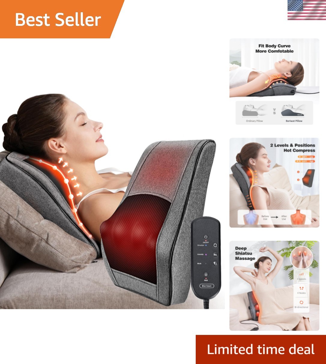 3D Deep Tissue Back Massager with Heat – Adjustable Intensity & Remote Control