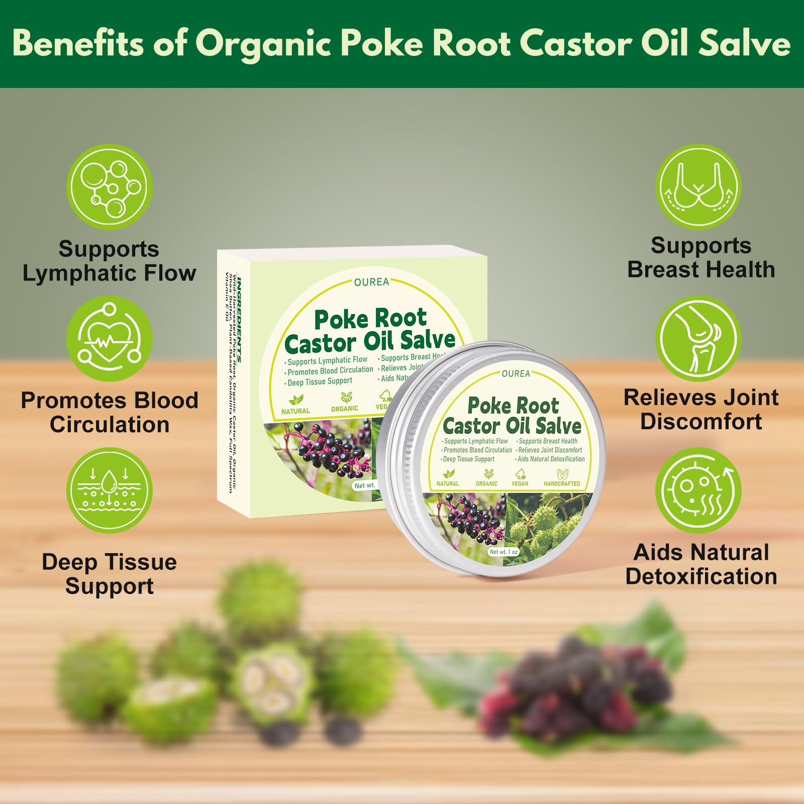 Poke Root Castor Oil Salve, Organic Lymphatic Support Massage Balm, Deep Tiss…