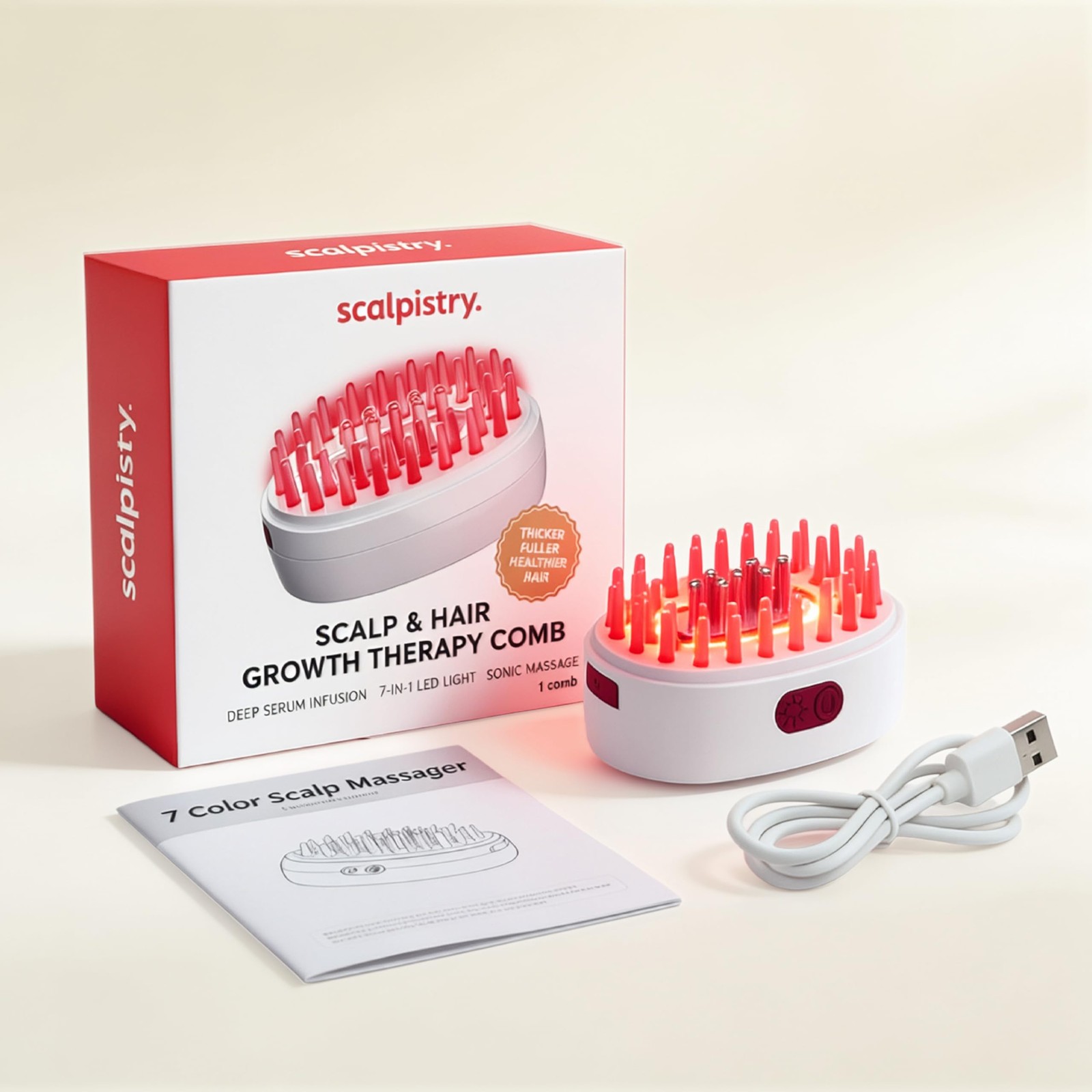 Scalpistry 7-1 Red Light Hair Brush Comb | Vibrating Electric White