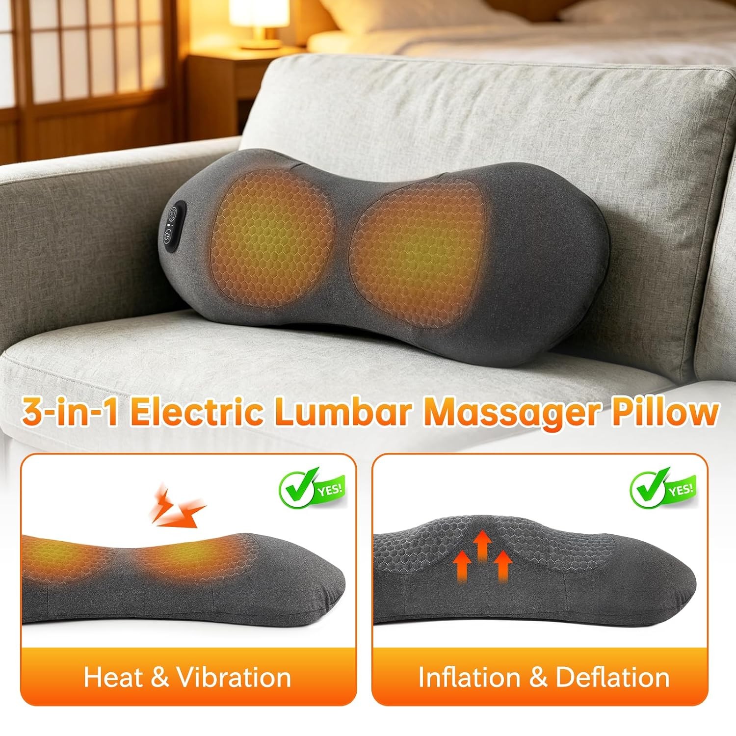 3-in-1 Electric Lumbar Support Pillow, Smooth Spine Triple Fusion Back Massager