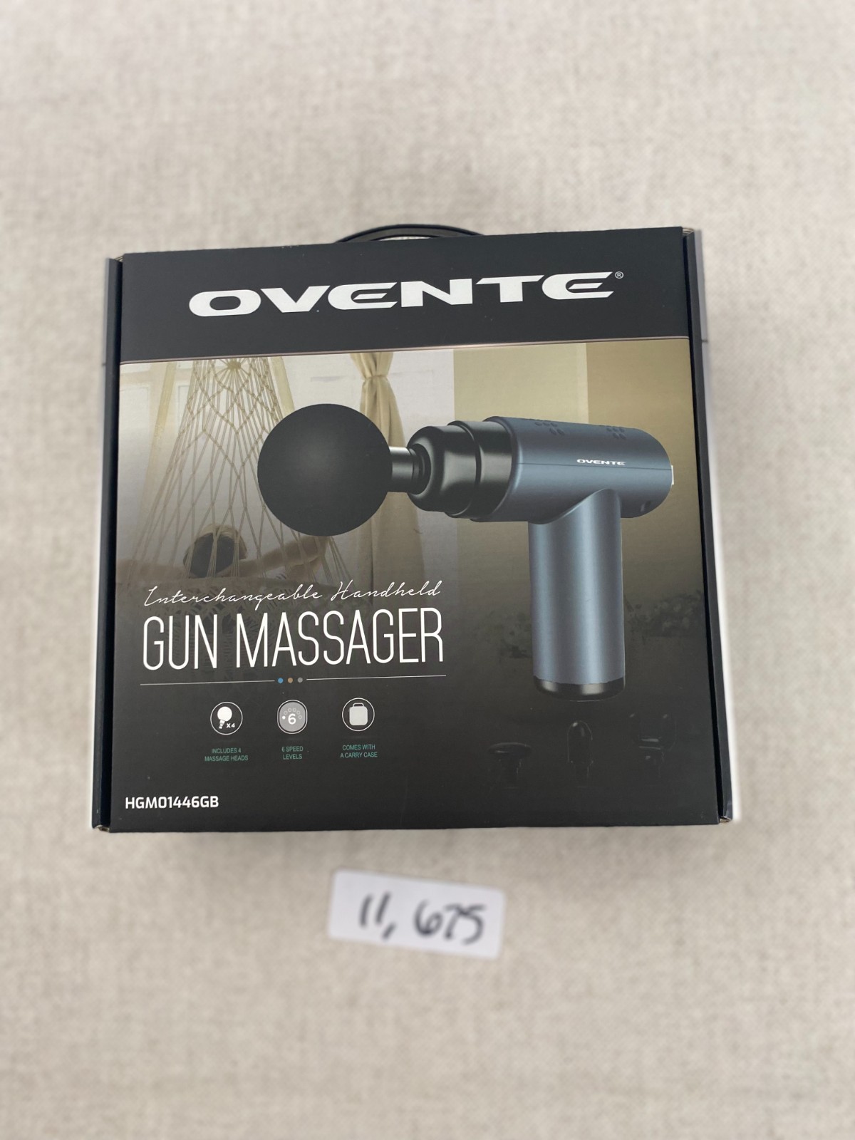 Ovente Massage Gun Handheld Unisex S Black 6 Speed Percussion Massager Kit Boxed