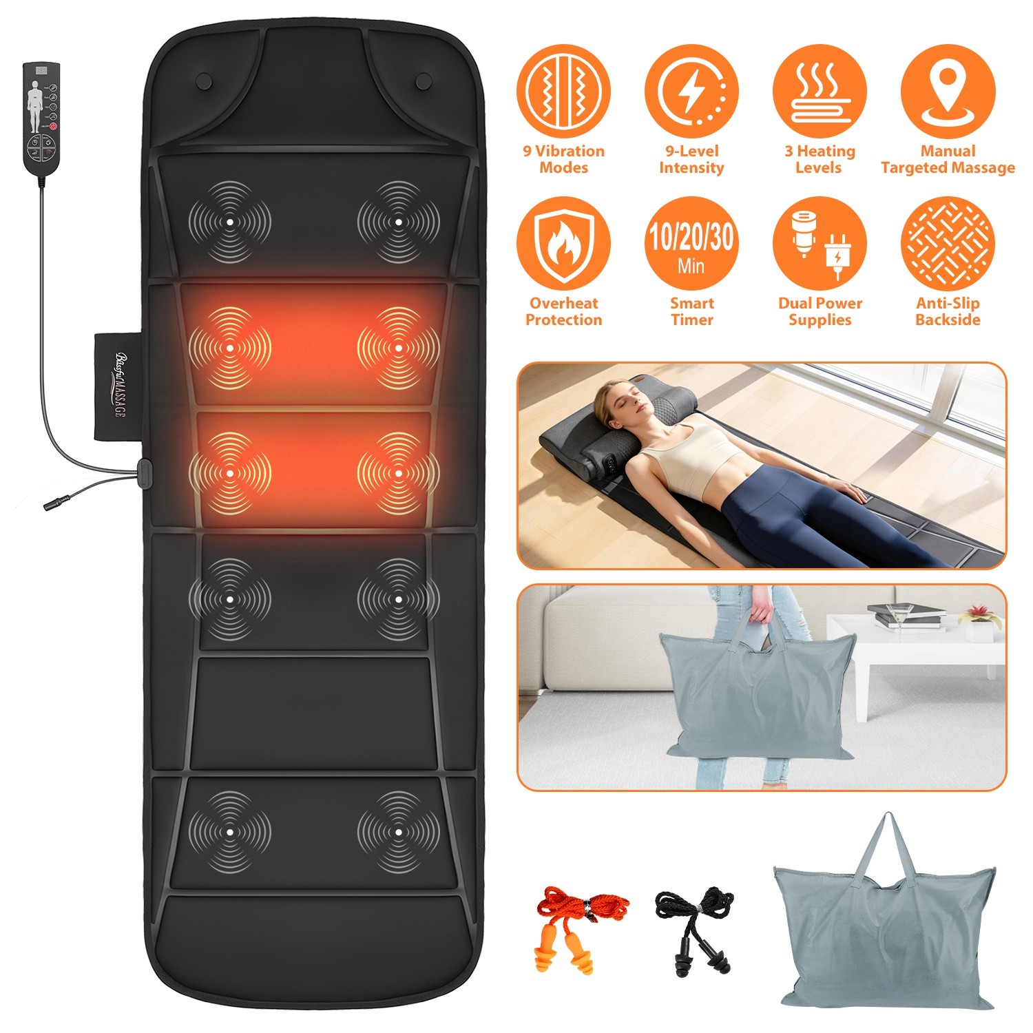 Vibration Massage Mat w/ Heat Massage Mattress Pad w/ 9 Intensities 3 Heating