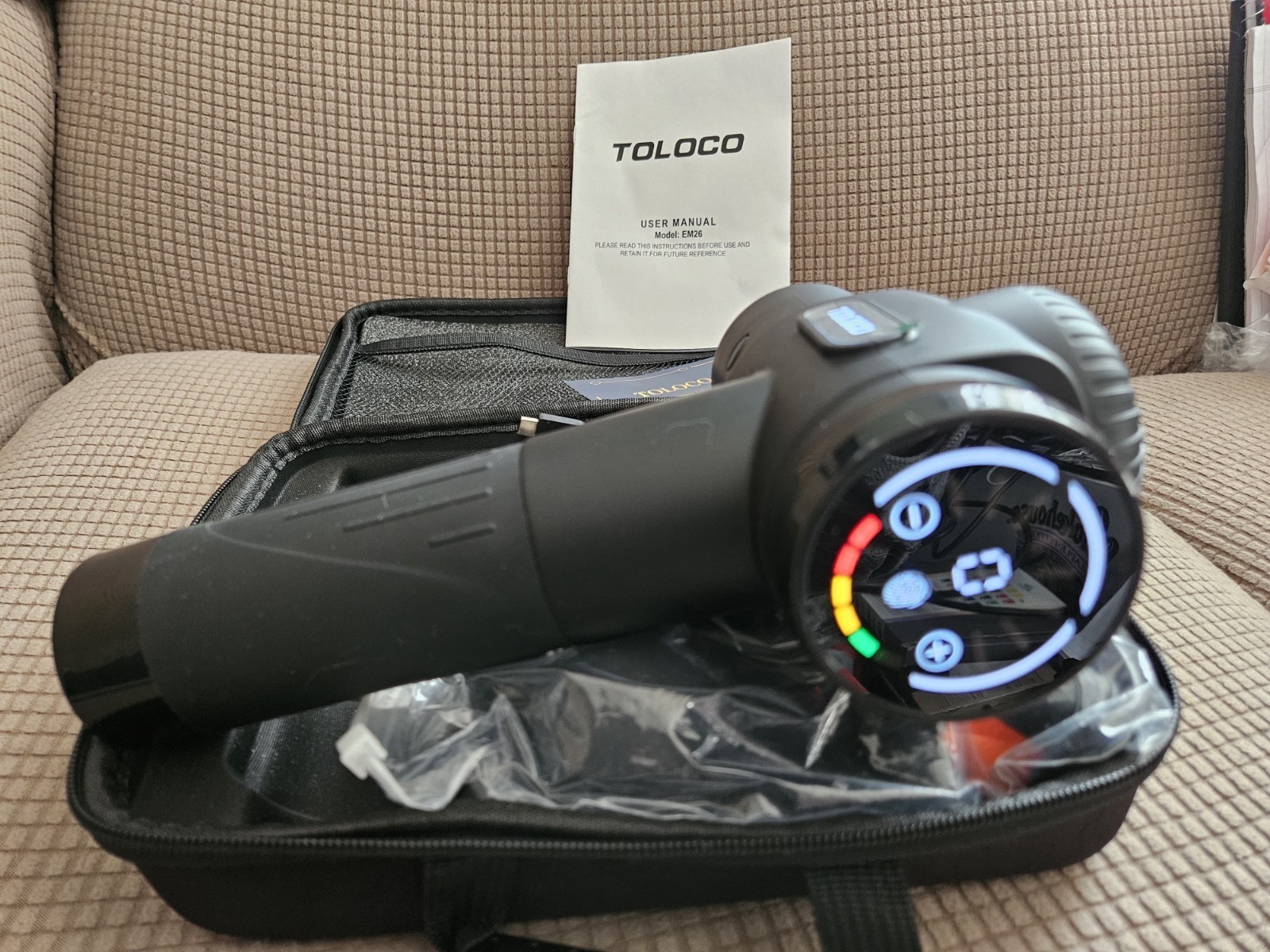 Toloco EM26 BK Handheld Massage Gun Manual 10 Massage Heads USB Cable Case 20W