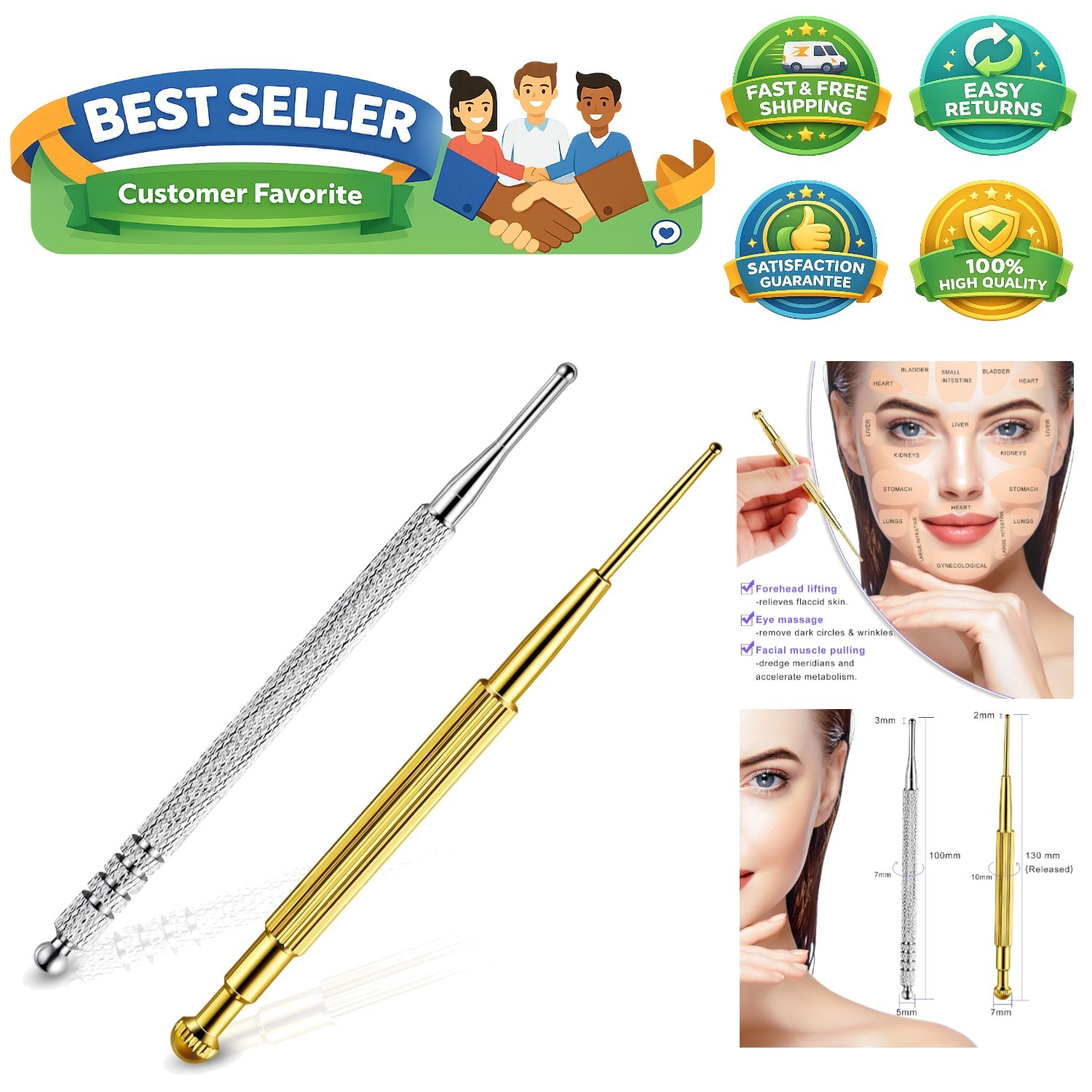 2 Pieces Facial Reflexology Massage Tool Retractable Acupuncture Pen, Stainle…