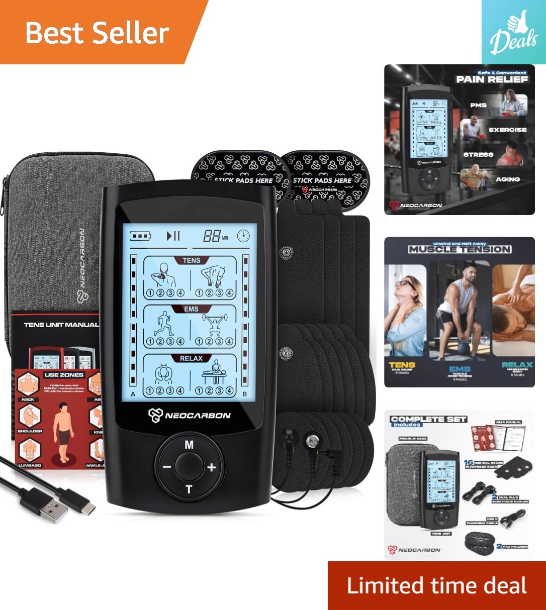 All-in-One TENS EMS Massager – Pain Relief Machine with Rechargeable Battery