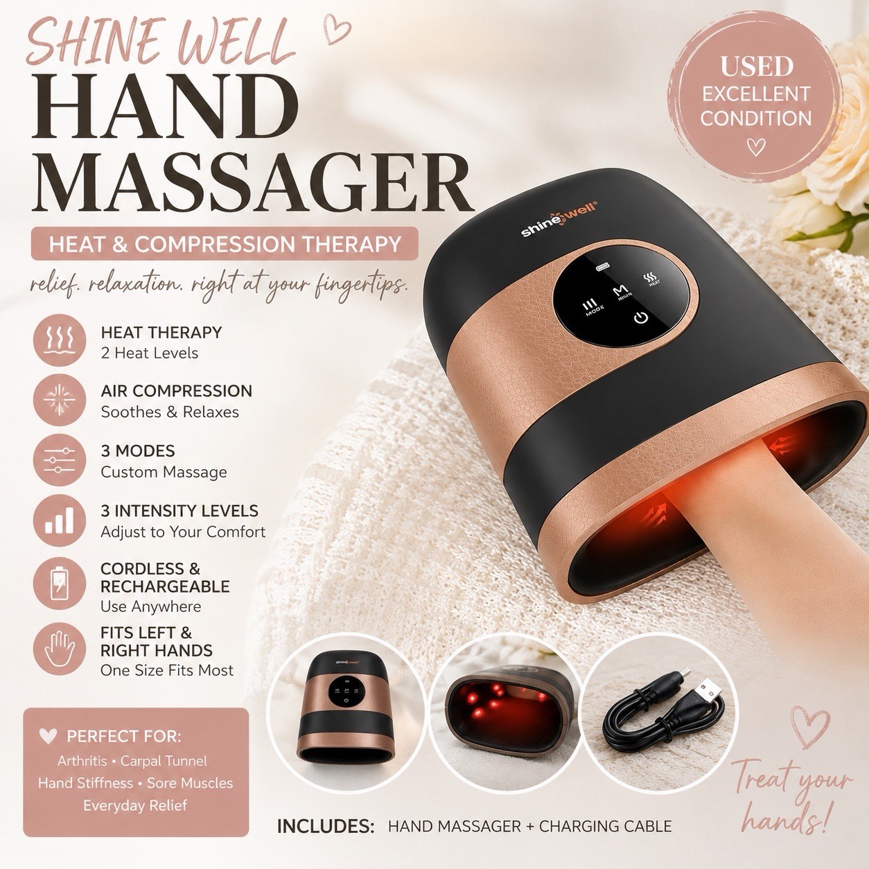 Shinewell Hand Massager Heated Air Compression Cordless Rechargeable