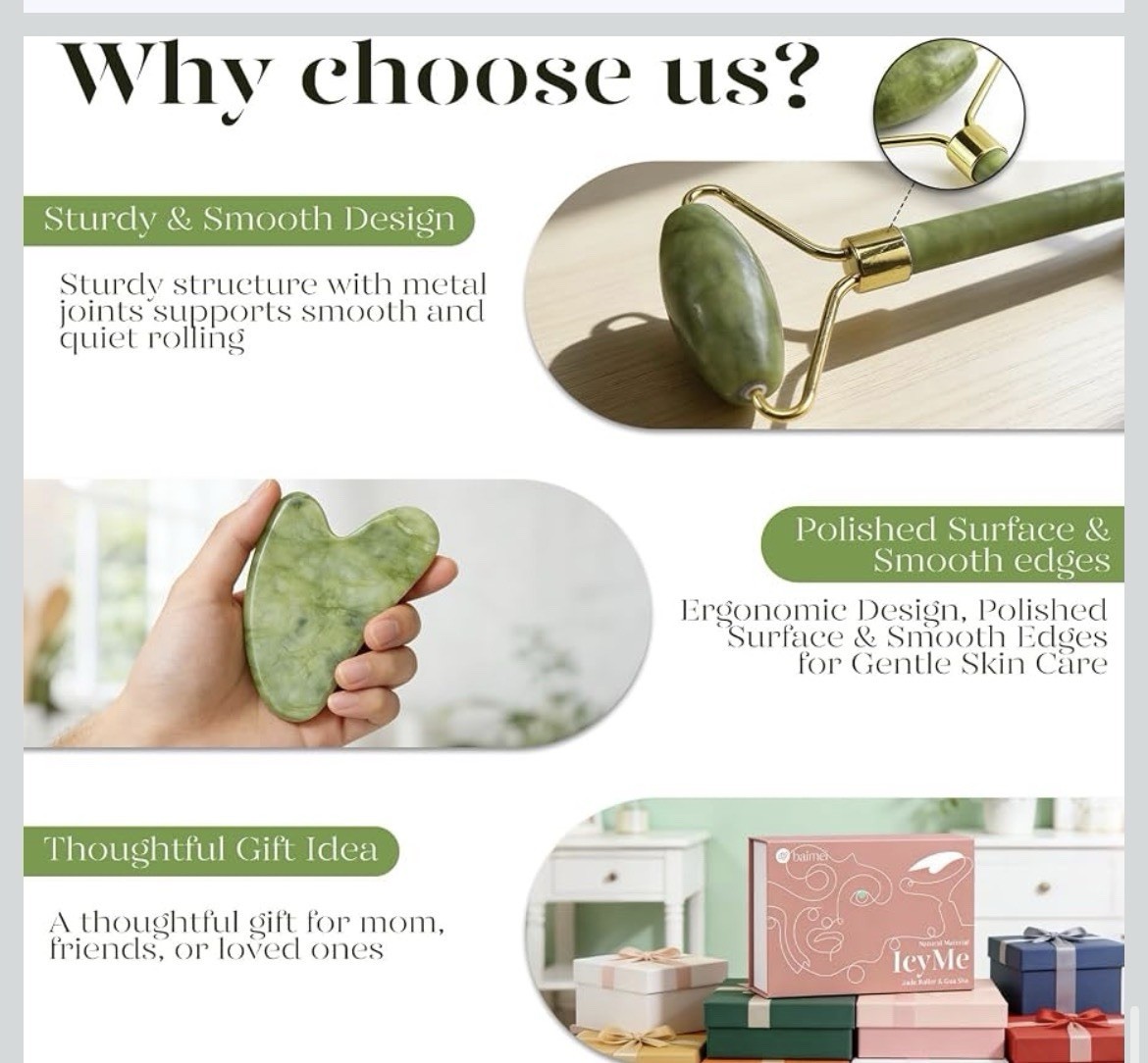 BAIMEI IcyMe Jade Roller & Heart Gua Sha Set Green/Gold Manual Rolling Scraping