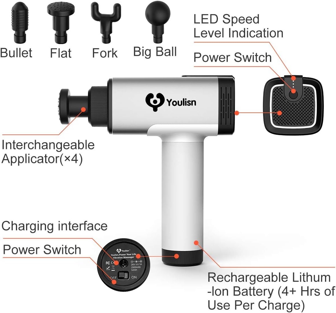 Youlisn-Massage Gun Deep Tissue, Handheld-Cordlessfor Athletes, 3 Speeds 4 Heads