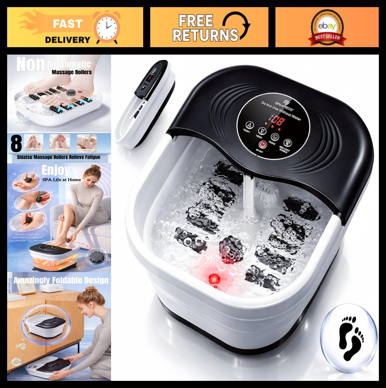 Collapsible Heated Foot Spa Massager with Bubble & Red Light, 8 Shiatsu Rollers,