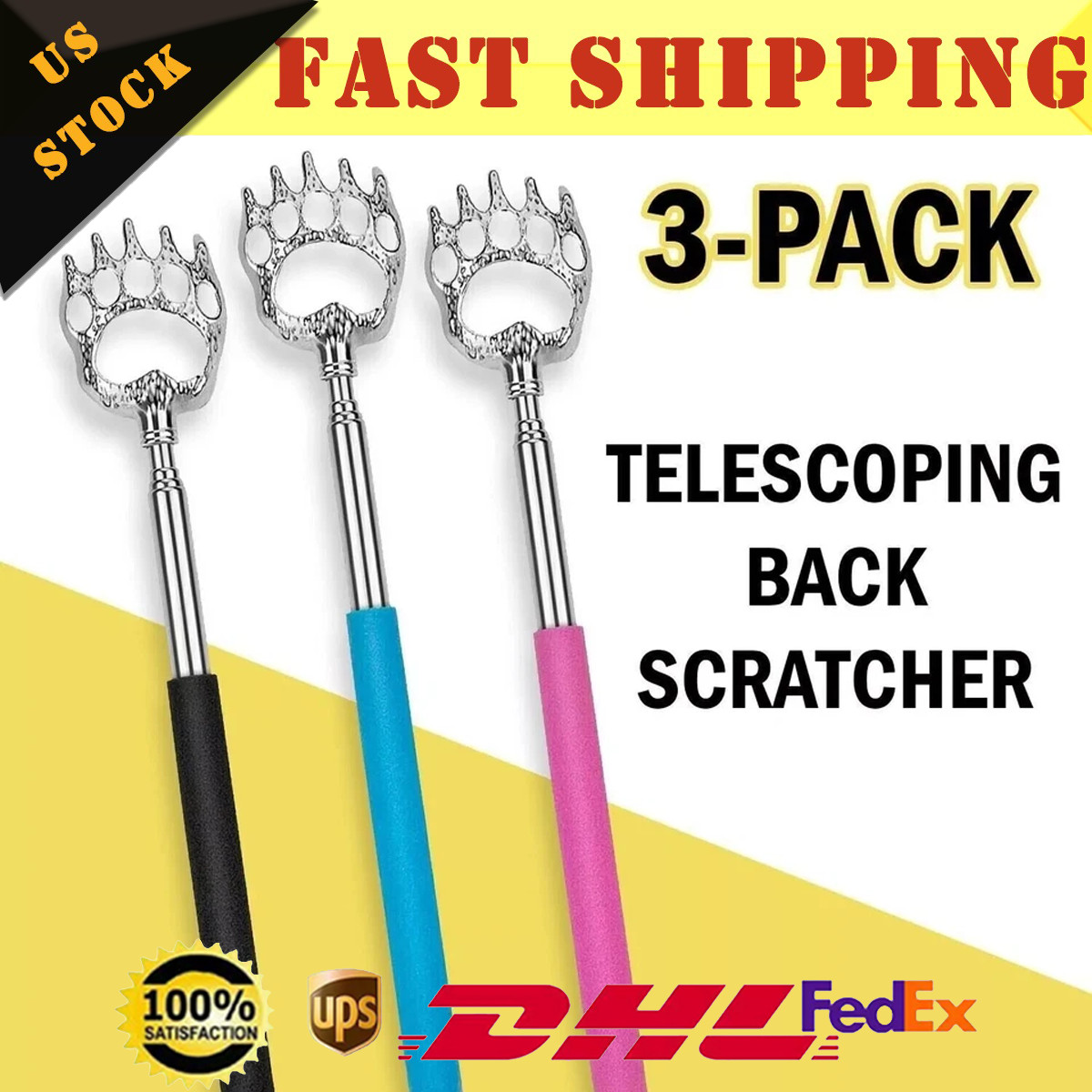 3PCS Metal Back Scratcher Back Extendable Massager Bear Claw Telescopic NEW