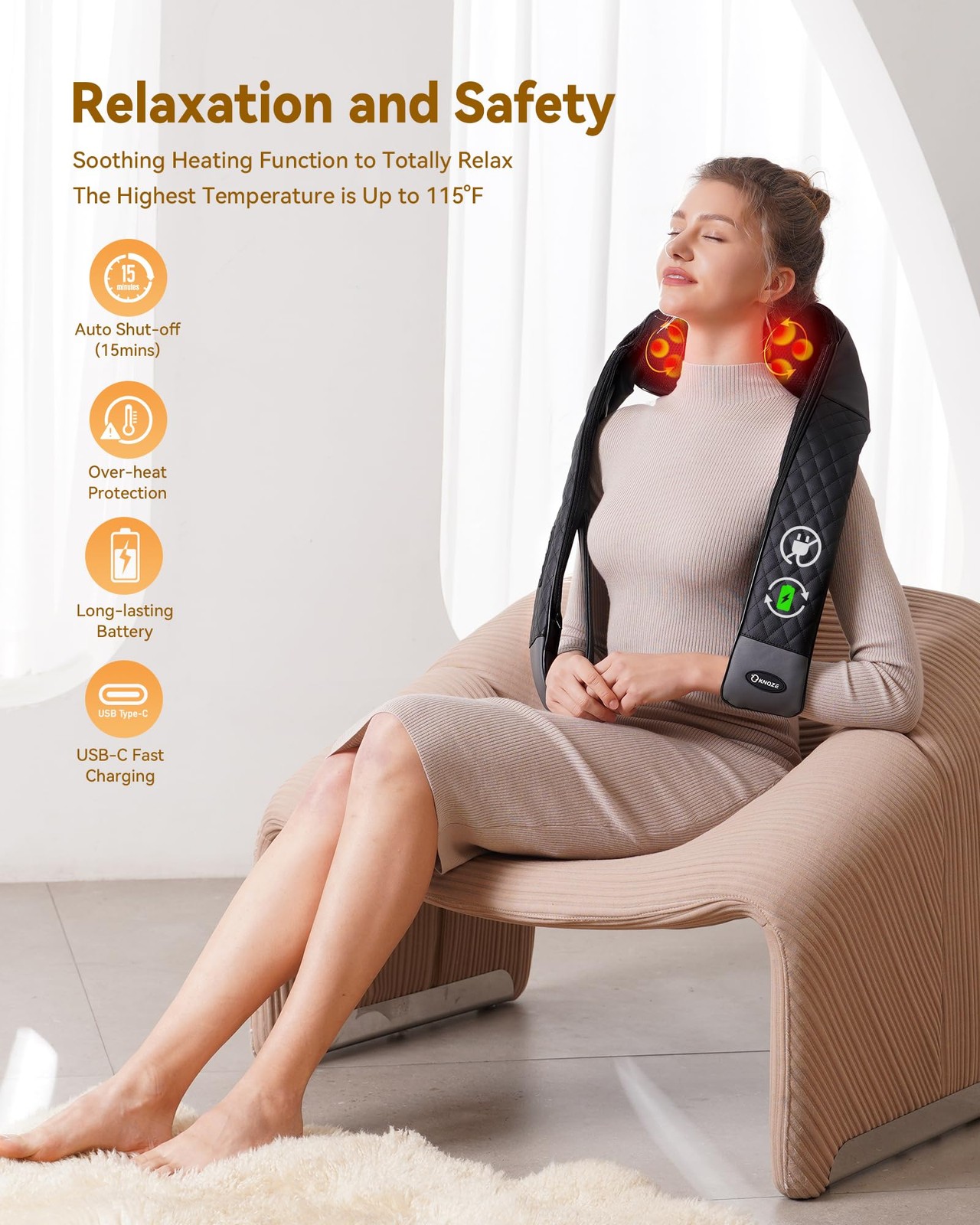 KNQZE Shiatsu Cordless Neck and Back Massager with Heat, Rechargeable Neck an…