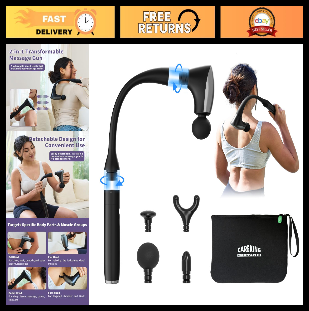 2-in-1 Detachable Muscle Massage Gun with 20» Handle – Deep Tissue Pain Relief,
