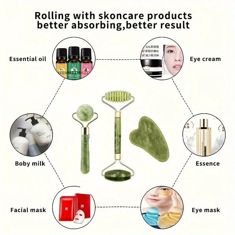 3 pcs Jade Roller and Gua Sha Set – Guasha Tool for Face – Skin Care Gift Set