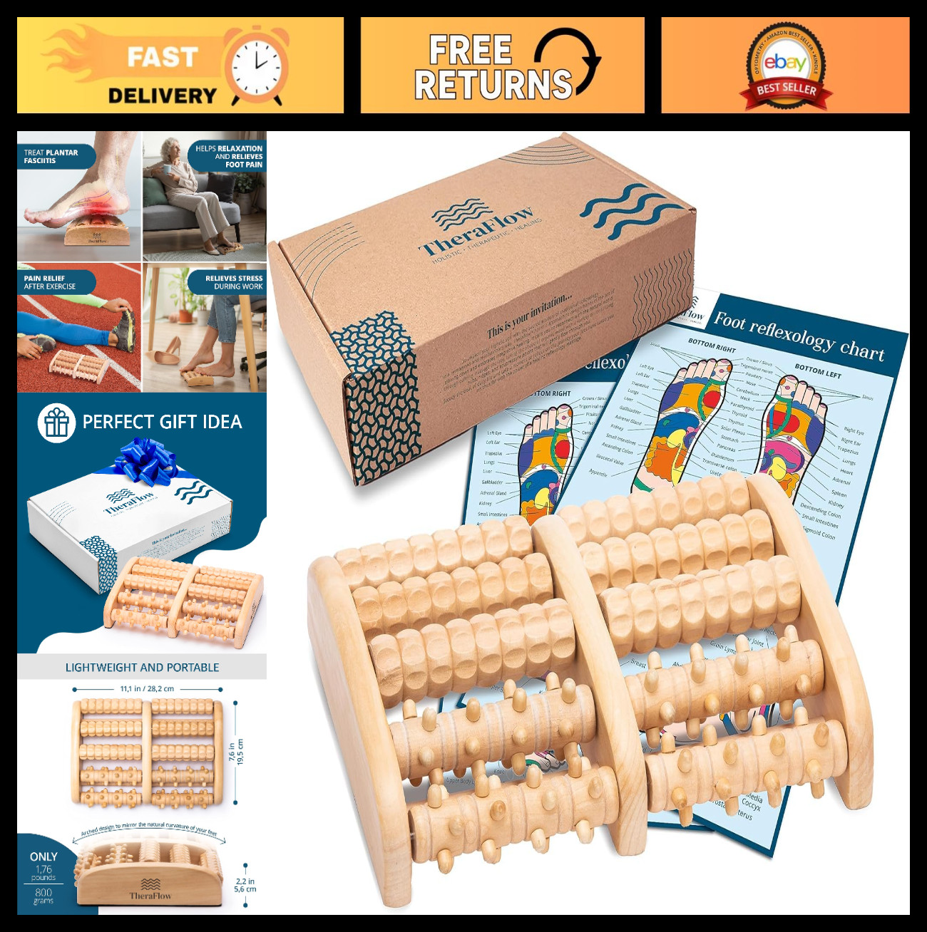 Deep Tissue Foot Massager for Plantar Fasciitis Relief – Wooden Roller with Refl