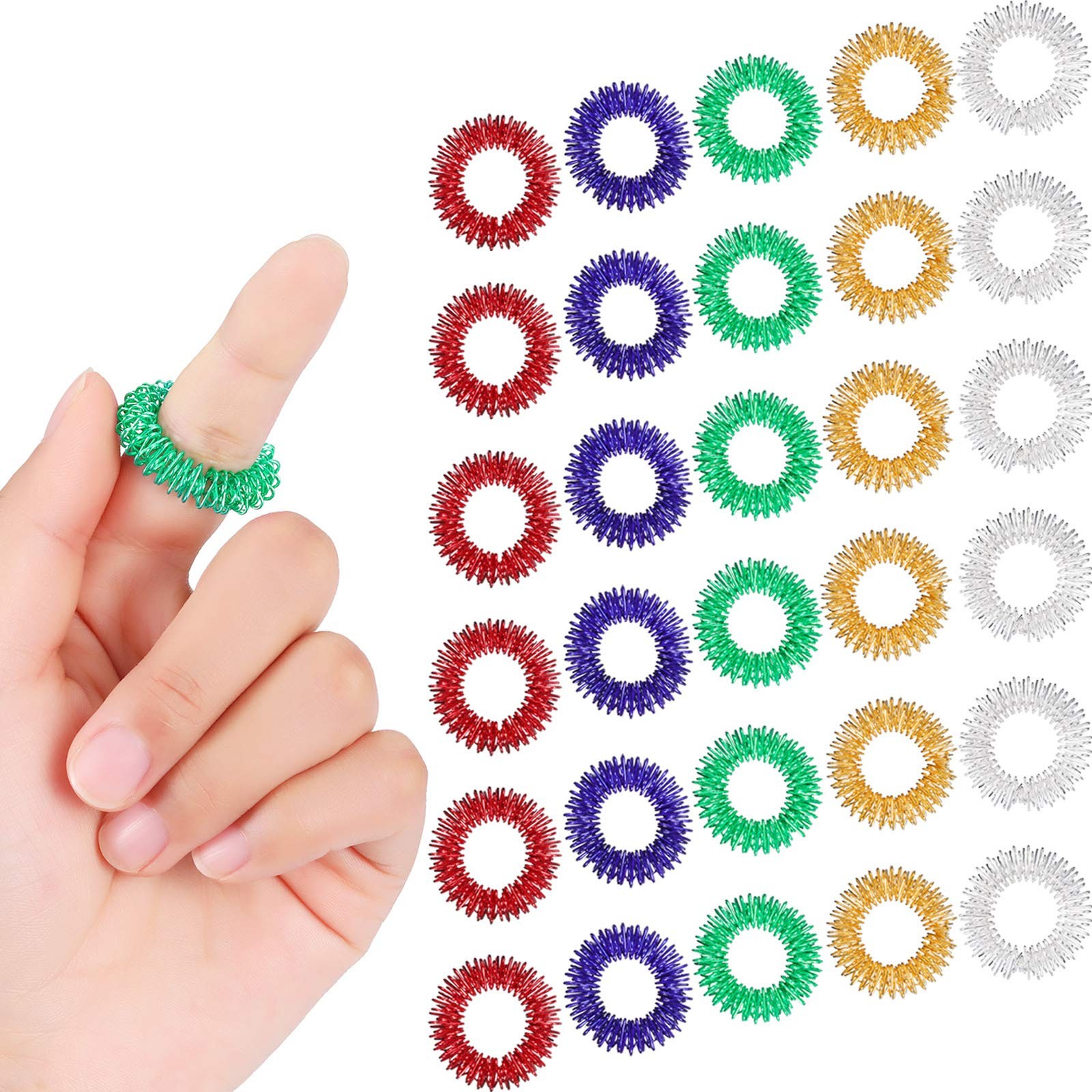 Blulu 50 Pcs Acupressure Fidget Rings Spiky Red, Blue, Green, Gold, Silver