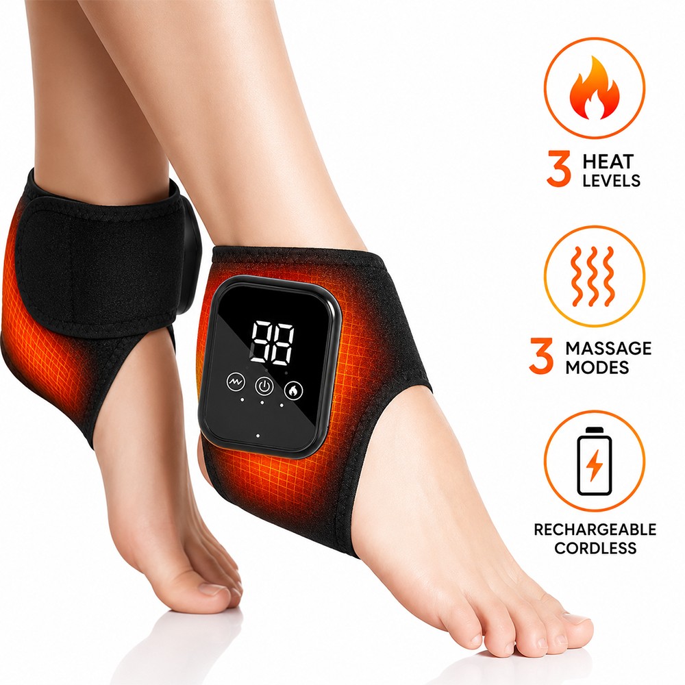 2x Heated Ankle Massager Cordless Pain Relief Wrap 3 Heat 3 Massage Rechargeable