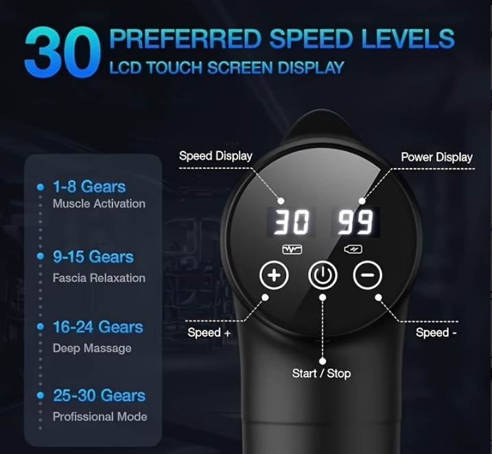 Deep Tissue Massage Gun Electric Handheld Muscle Massager 8 Heads Grey LCD