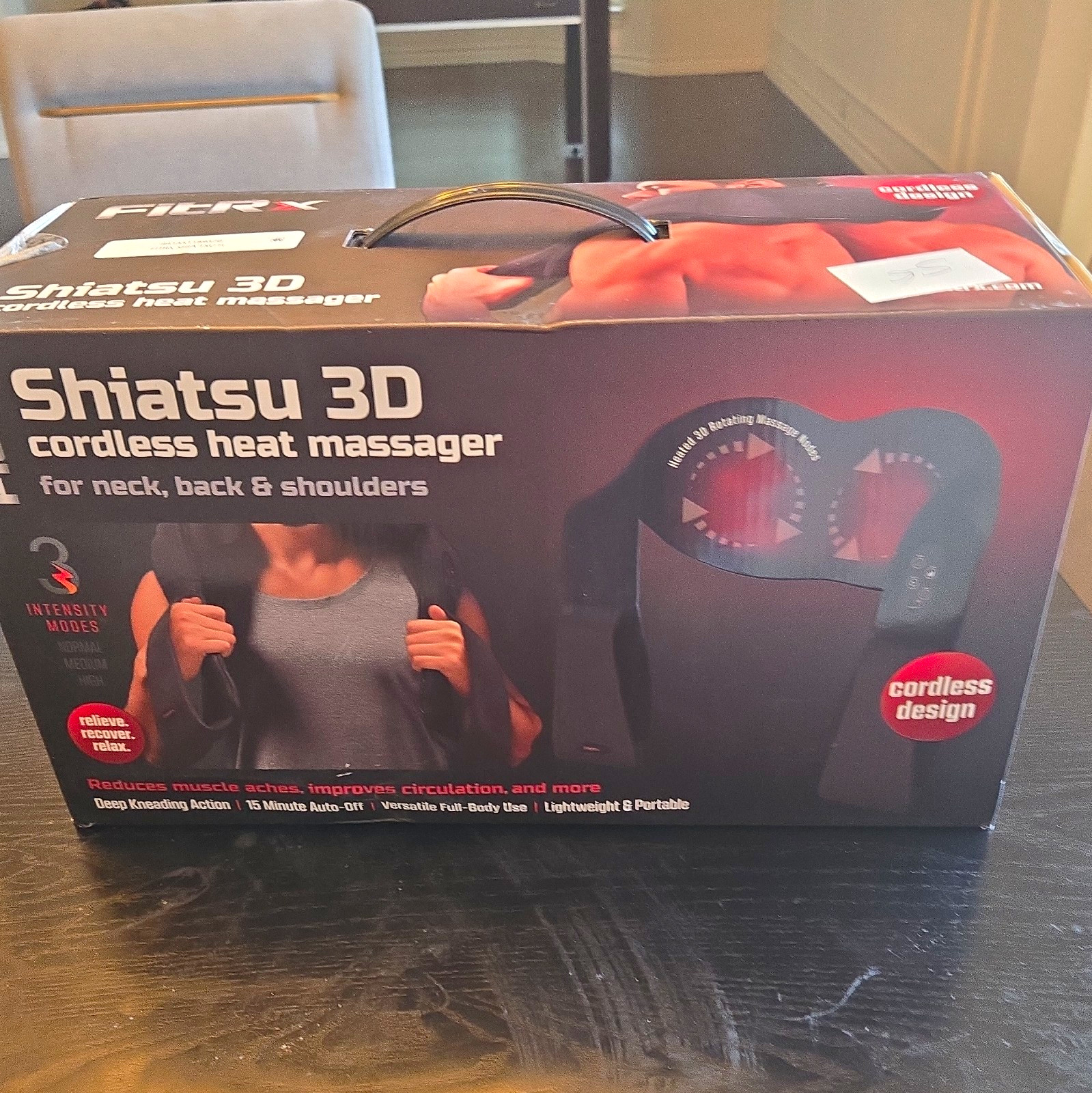 FitRx Shiatsu 3D Cordless Heated Massager for Neck/Back/Shoulders, Black