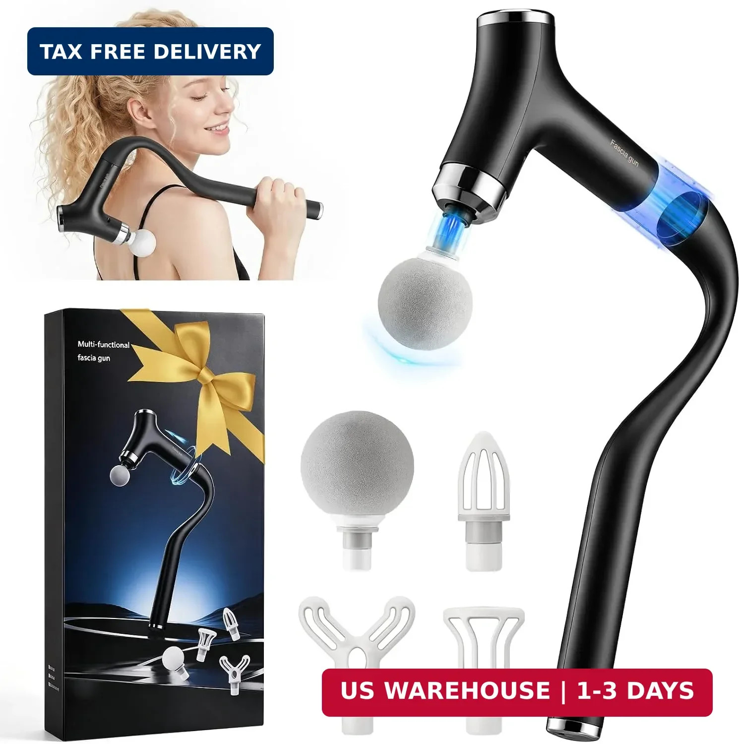 2-in-1 Back Massage Gun with Detachable Curved Handle, Back, Neck & Full Body
