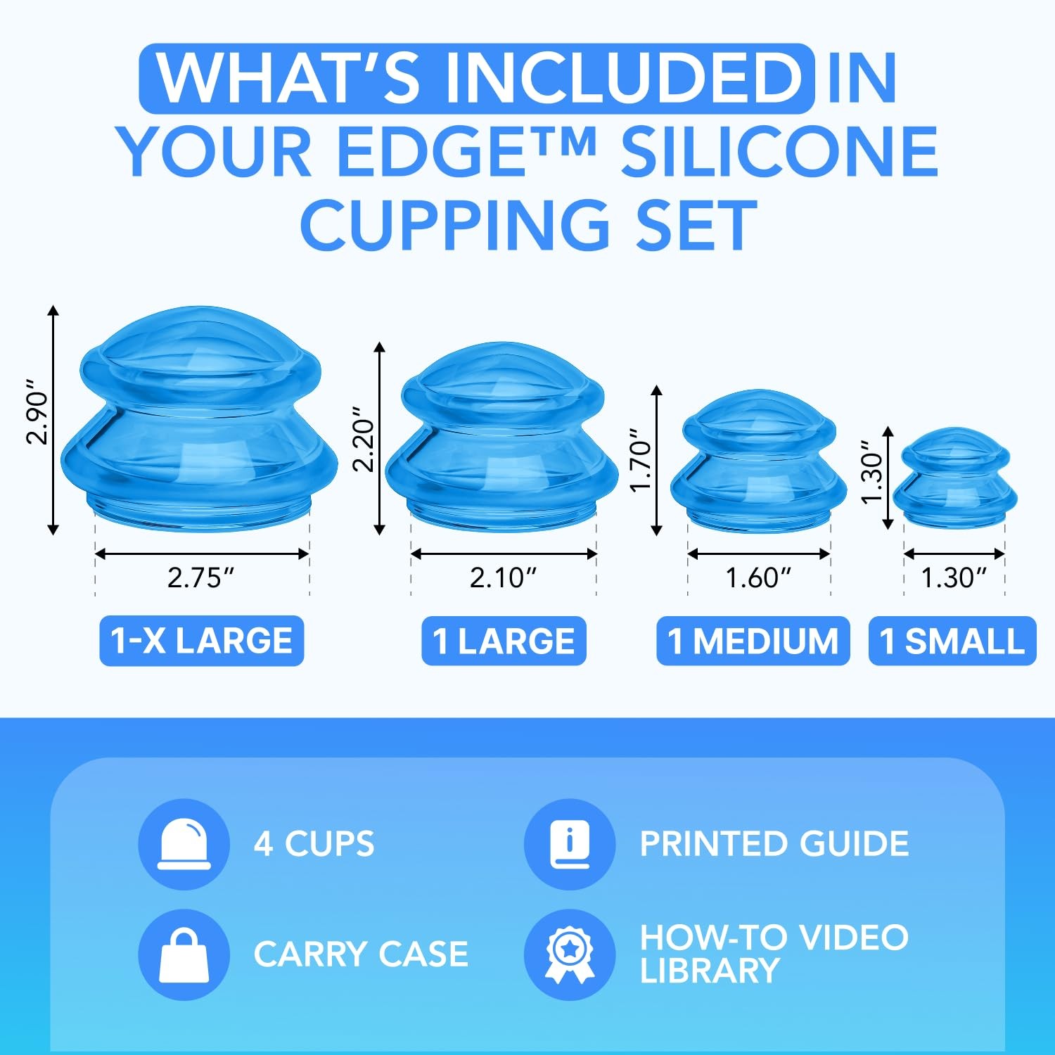 Silicone Cupping Therapy Set Professional Massage 4 Piece Assortment, Blue